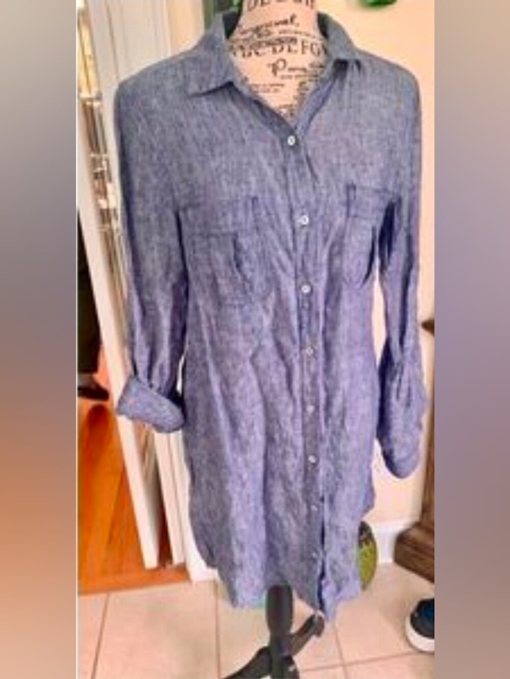 Kenar Linen Dress Blue Button-Front Linen  Dress Long Sleeves